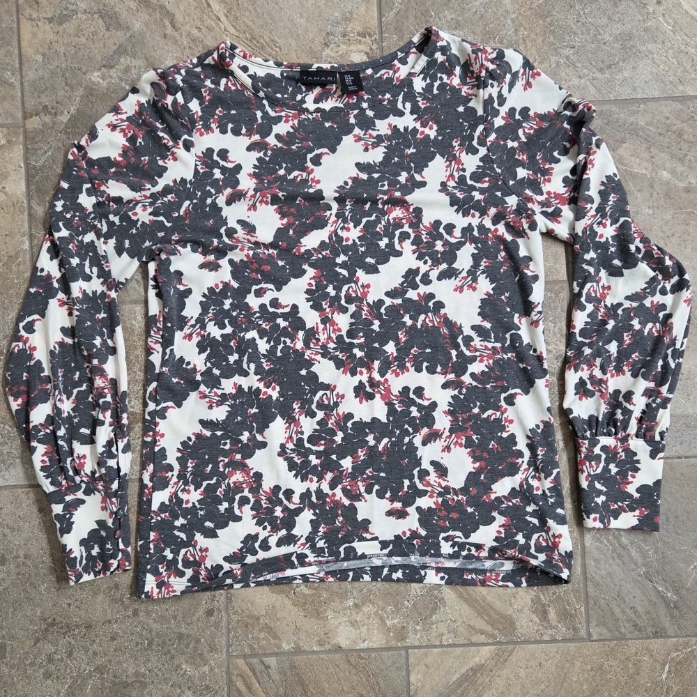Tahari Black and Red Floral Long Sleeve Top